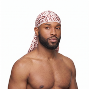Pink leopard animal print Satin Silky Durag worn by male model, front view on white background