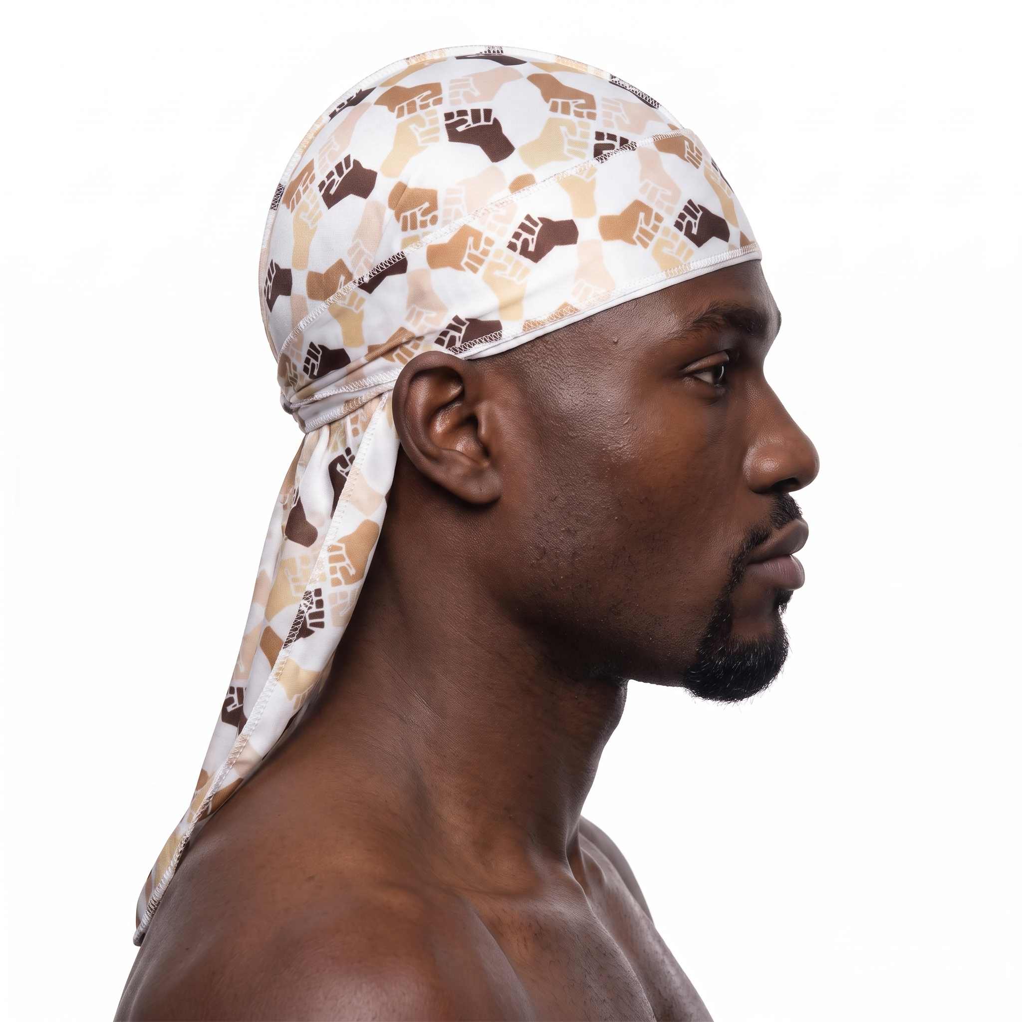 Black Power 2 graphic Satin Silky Durag worn by male model, side profile showing fit and tail drape