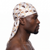 Black Power 2 graphic Satin Silky Durag worn by male model, side profile showing fit and tail drape