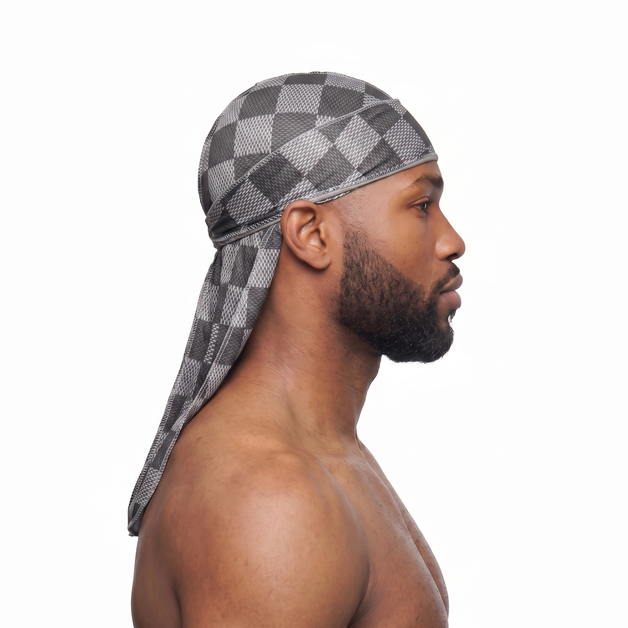 Checkered Greyscale Satin Silky Durag worn by male model, side profile showing fit and tail drape