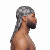 Checkered Greyscale Satin Silky Durag worn by male model, side profile showing fit and tail drape