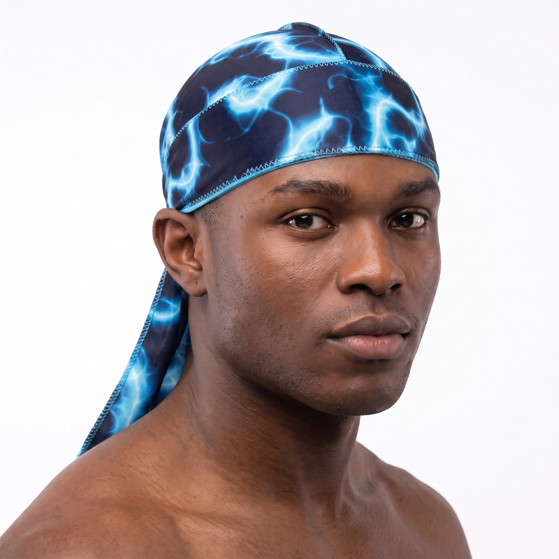 Voltage Blue lightning Satin Silky Durag worn by male model, front view on white background