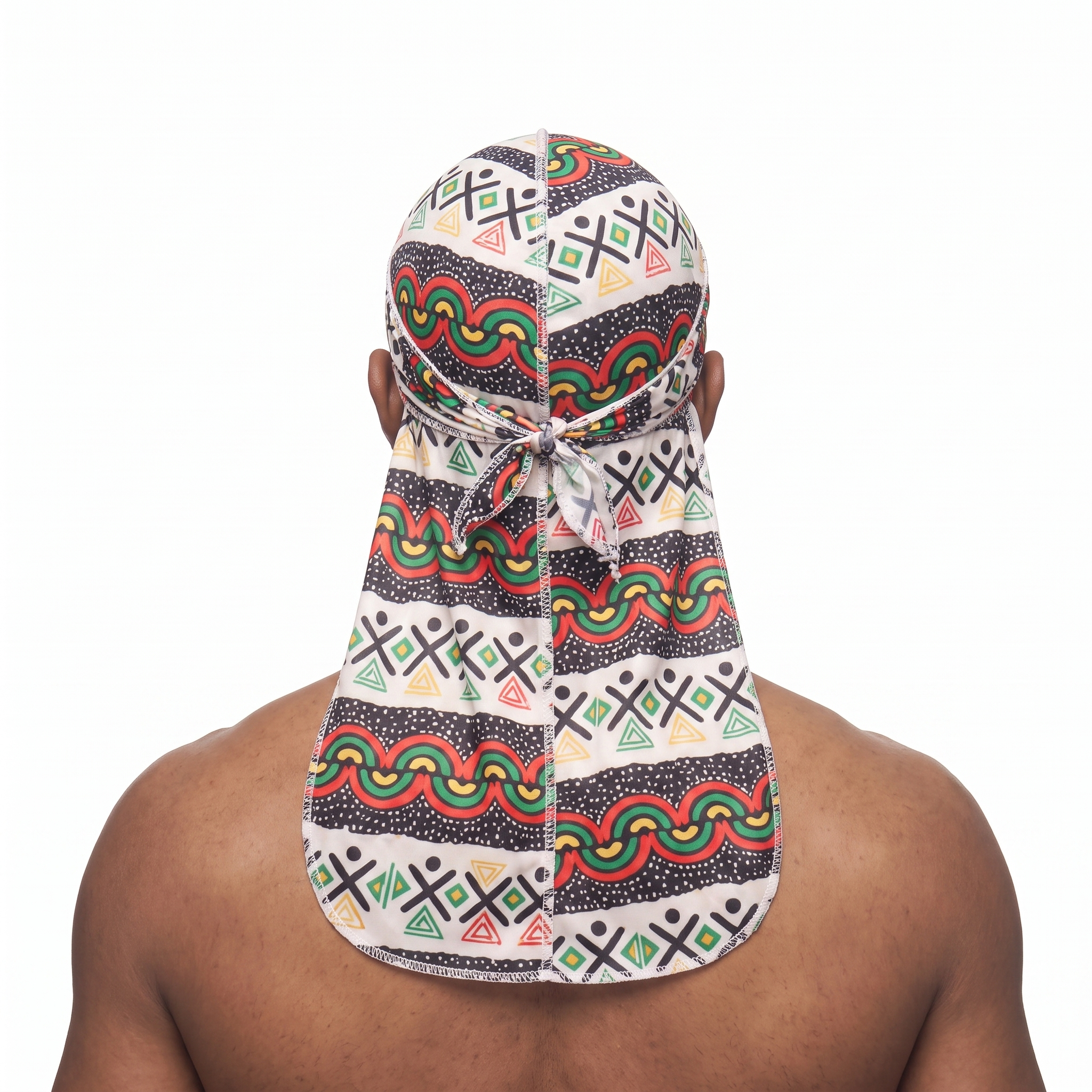 Juneteenth 3.0 red black and green Satin Silky Durag worn by male model, back view showing tied wrap and tail