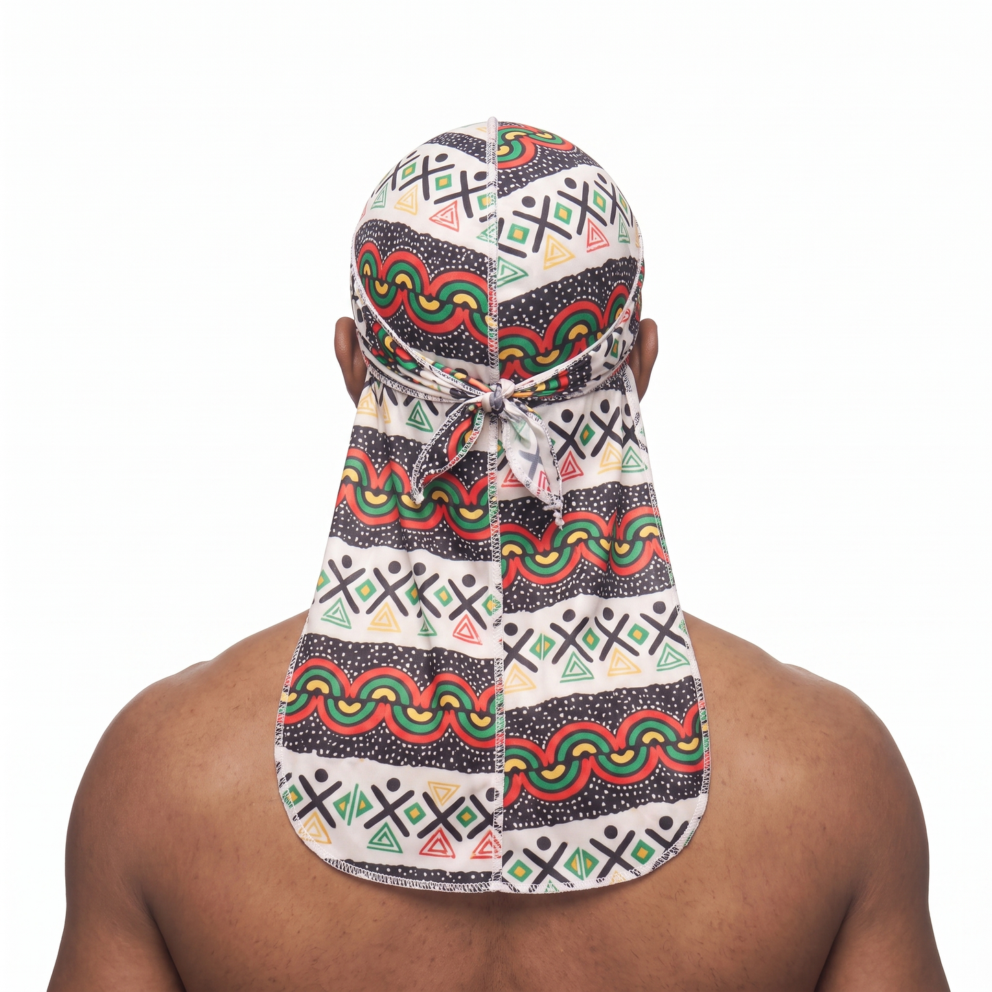 Juneteenth 3.0 red black and green Satin Silky Durag worn by male model, back view showing tied wrap and tail