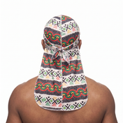 Juneteenth 3.0 red black and green Satin Silky Durag worn by male model, back view showing tied wrap and tail