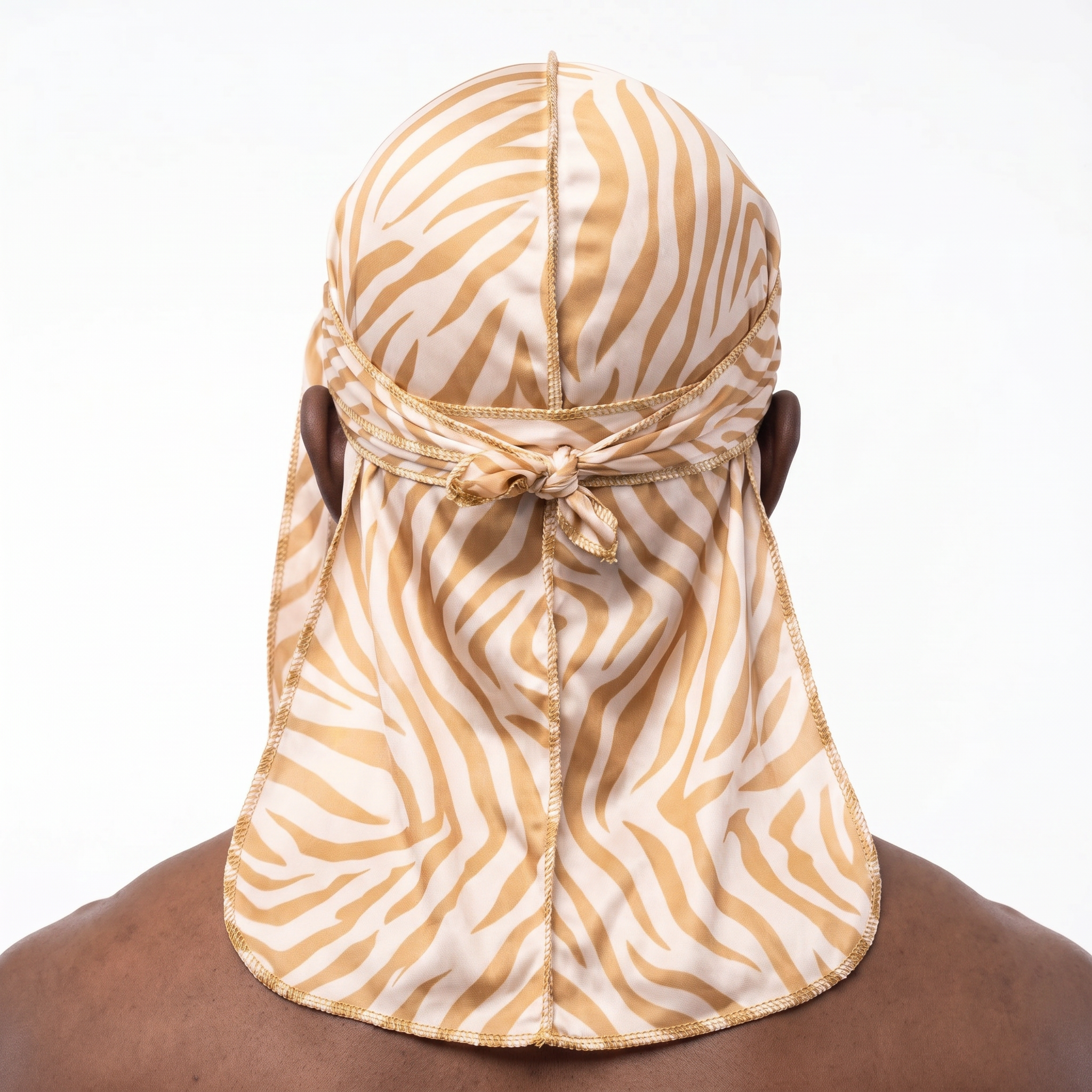 Zebra Cream animal print Satin Silky Durag worn by male model, back view showing tied wrap and tail