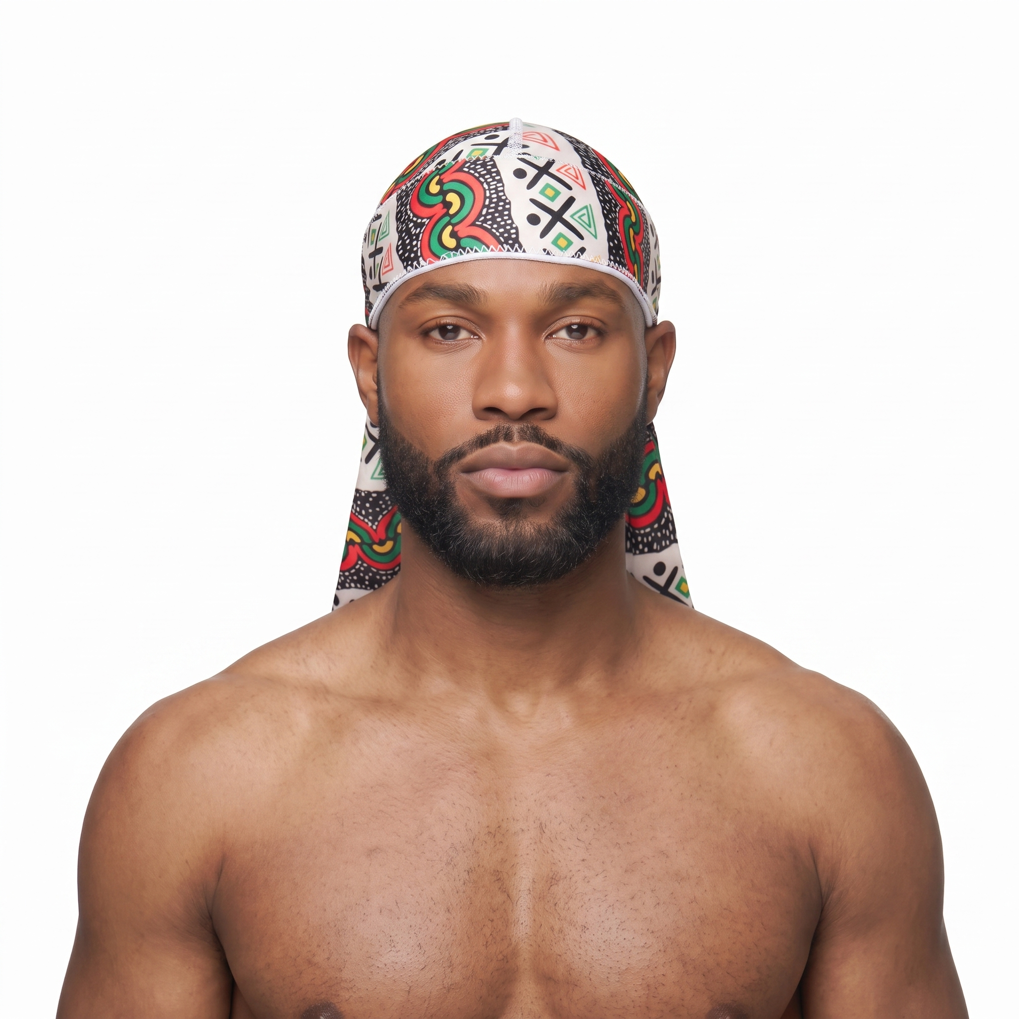 Juneteenth 3.0 red black and green Satin Silky Durag worn by male model, front view on white background