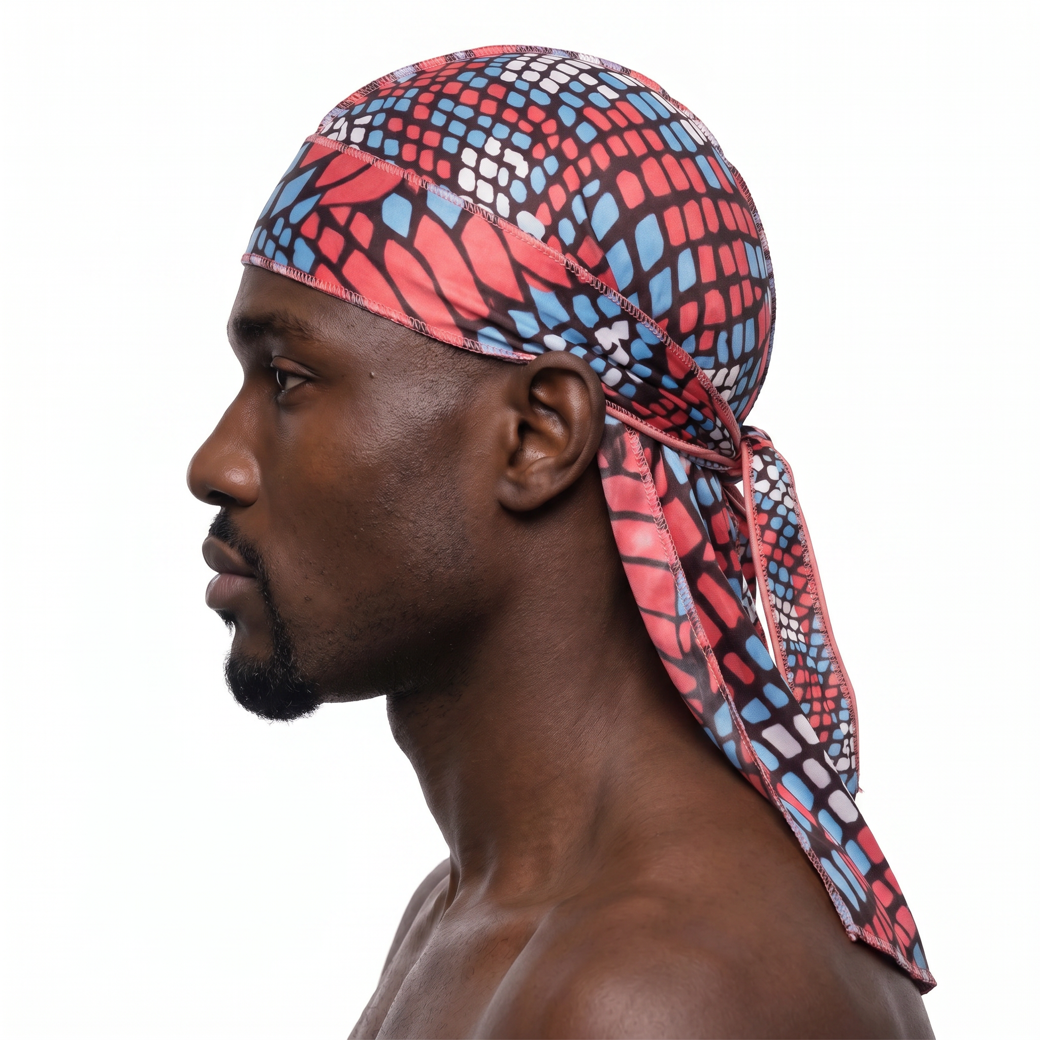 Red and Blue reptile snakeskin Satin Silky Durag worn by male model, side profile showing fit and tail drape