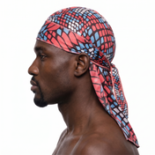 Red and Blue reptile snakeskin Satin Silky Durag worn by male model, side profile showing fit and tail drape