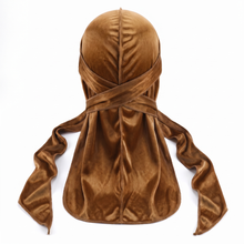 Premium Brown Gold Velvet Durag - premium velvet durag back view showing wrap straps, tail and stitching