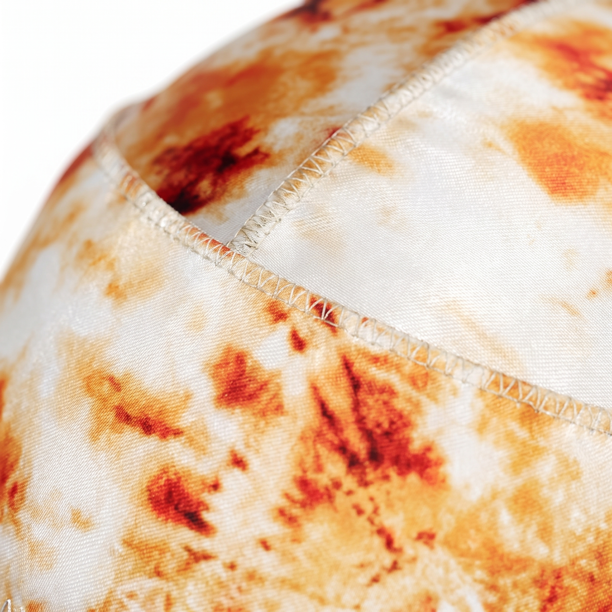 Bronze Tye Dye Satin Silky Durag fabric close-up showing Bronze Tye Dye print and stitching detail