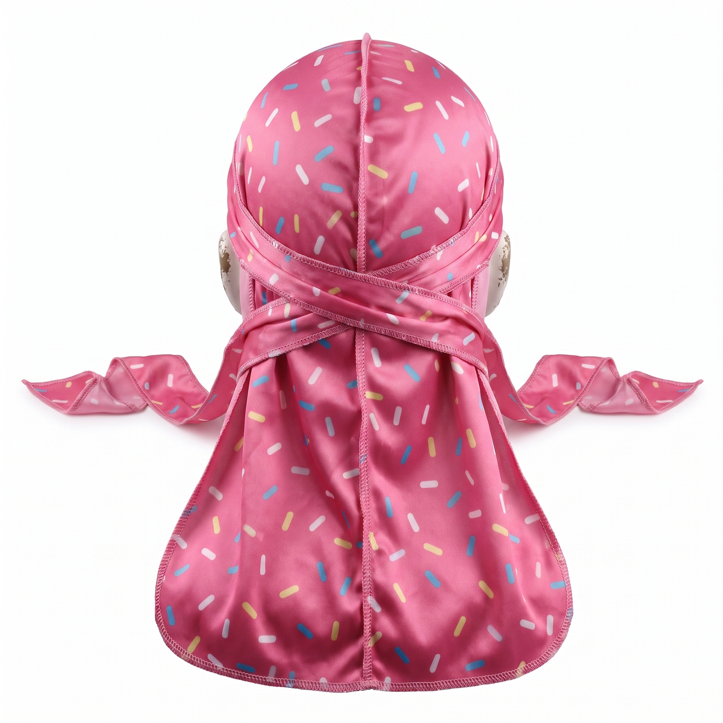 Dark pink ice cream sprinkle Satin Silky Durag - premium silky durag back view showing wrap straps, tail and stitching