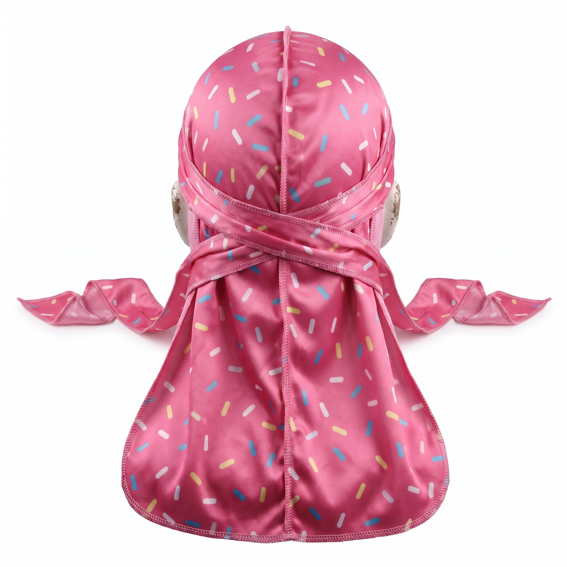 Dark pink ice cream sprinkle Satin Silky Durag - premium silky durag back view showing wrap straps, tail and stitching