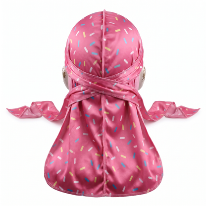 Dark pink ice cream sprinkle Satin Silky Durag - premium silky durag back view showing wrap straps, tail and stitching