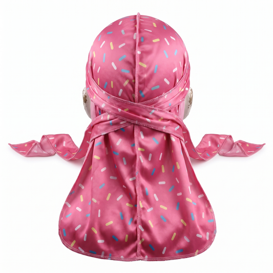 Dark pink ice cream sprinkle Satin Silky Durag - premium silky durag back view showing wrap straps, tail and stitching