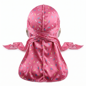Dark pink ice cream sprinkle Satin Silky Durag - premium silky durag back view showing wrap straps, tail and stitching