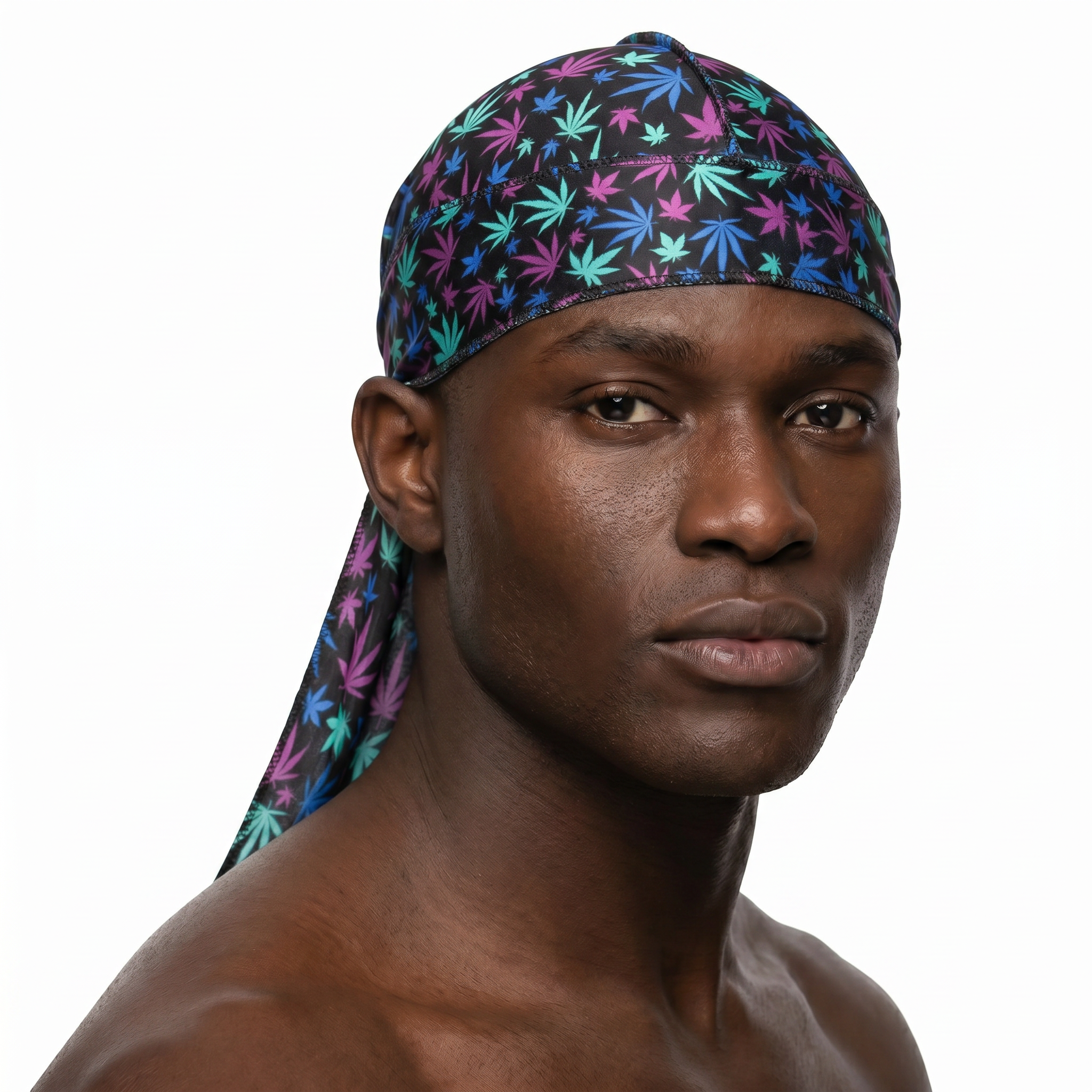 Cannabis Purple and Blue leaf print Satin Silky Durag worn by male model, front view on white background