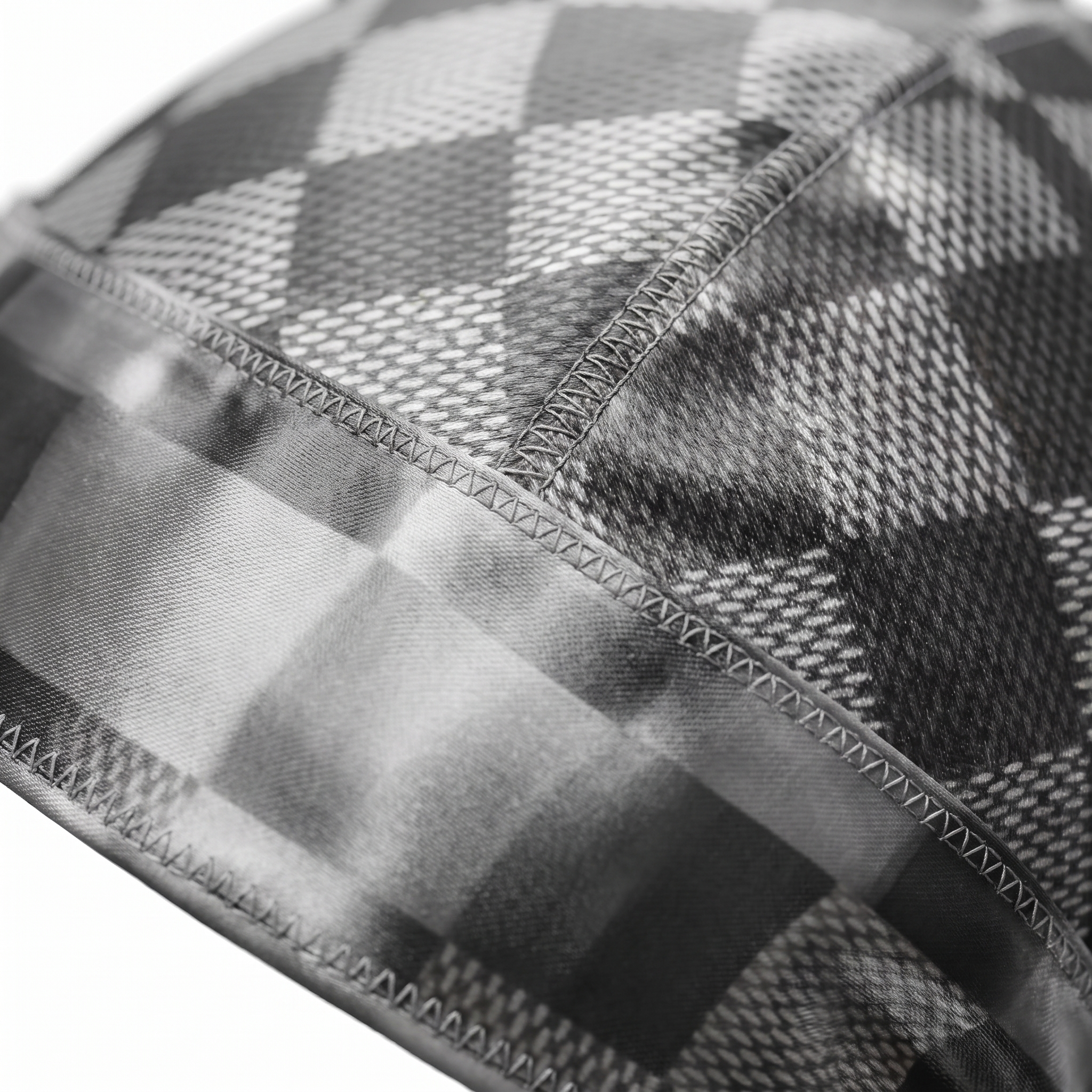 Checkered Greyscale Satin Silky Durag fabric close-up showing Checkered Greyscale print and stitching detail