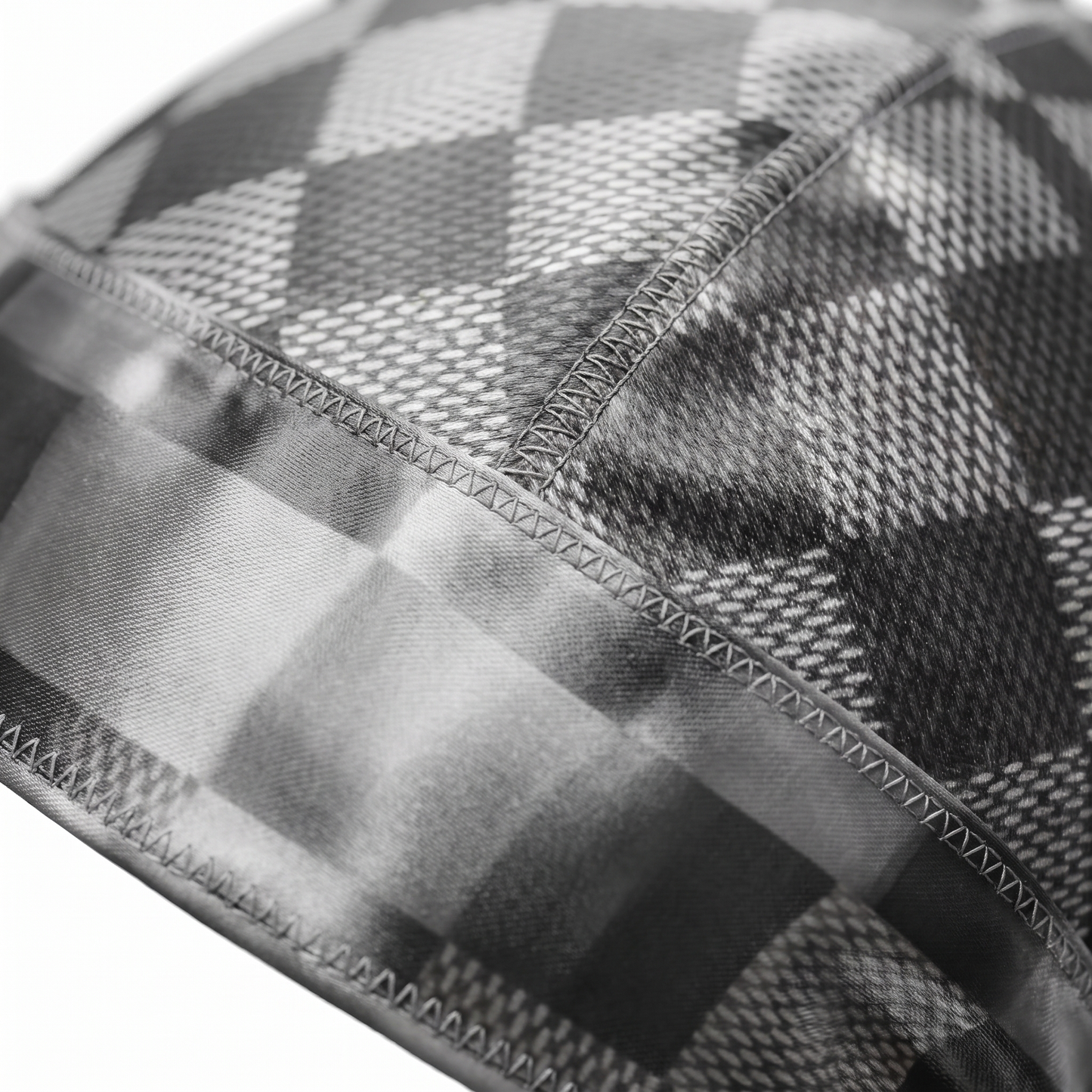 Checkered Greyscale Satin Silky Durag fabric close-up showing Checkered Greyscale print and stitching detail