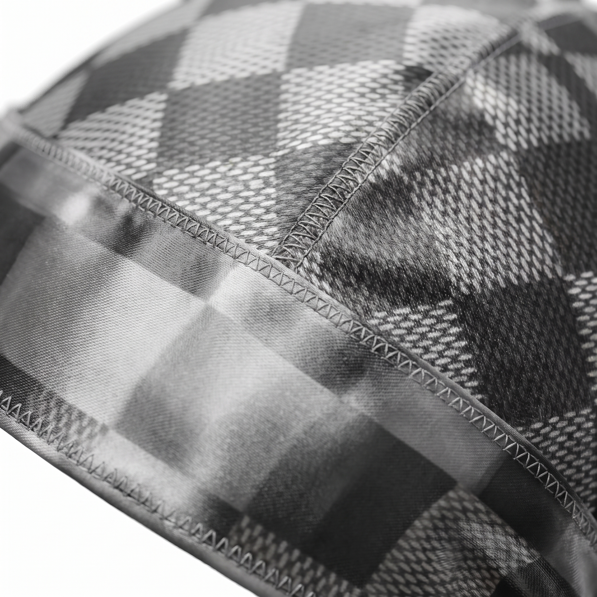 Checkered Greyscale Satin Silky Durag fabric close-up showing Checkered Greyscale print and stitching detail