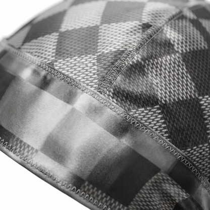 Checkered Greyscale Satin Silky Durag fabric close-up showing Checkered Greyscale print and stitching detail