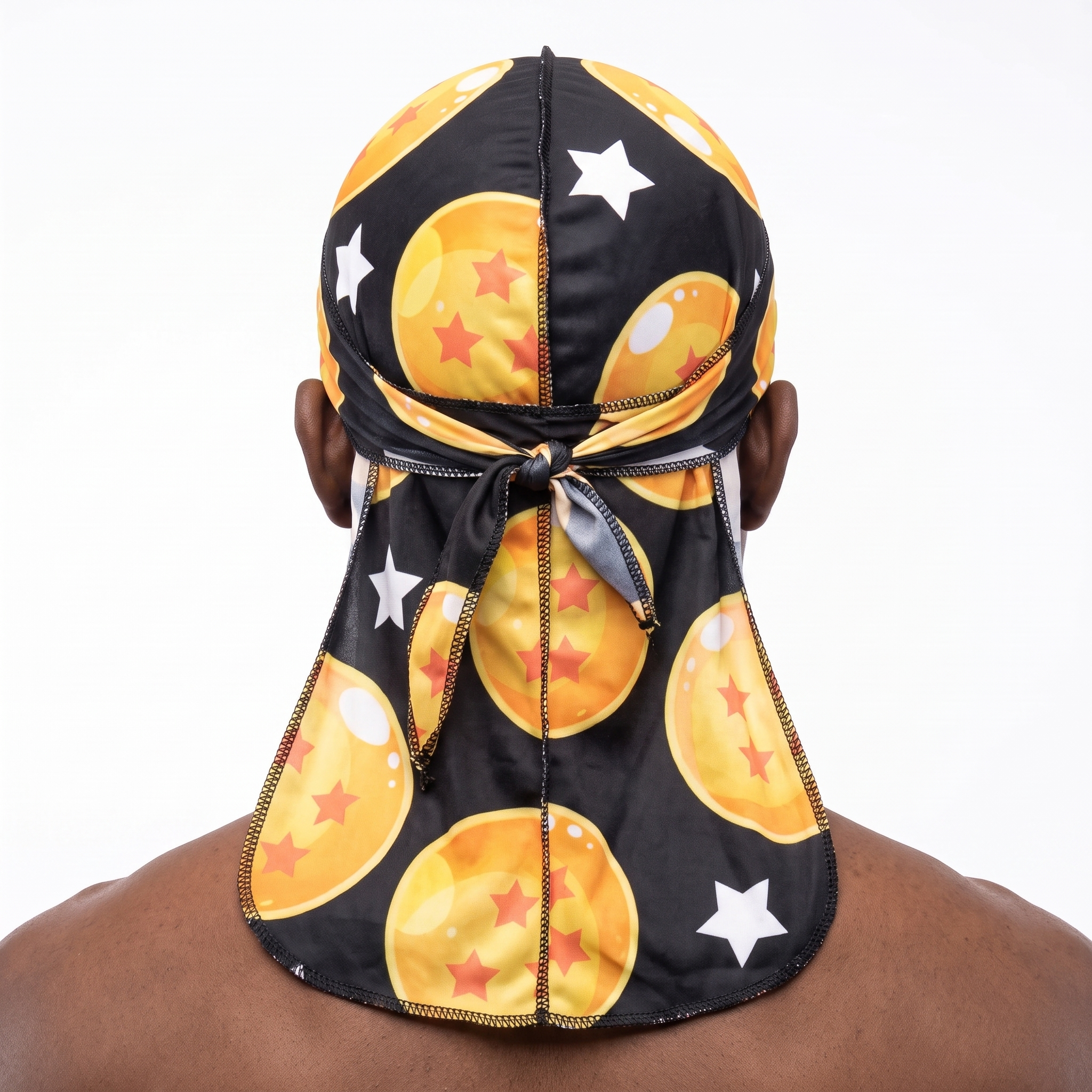 Dragon Ball Z Black Satin Silky Durag worn by male model, back view showing tied wrap and tail