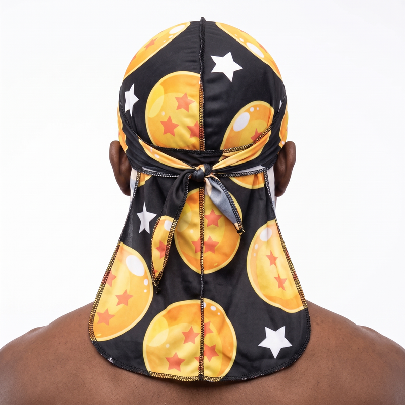 Dragon Ball Z Black Satin Silky Durag worn by male model, back view showing tied wrap and tail