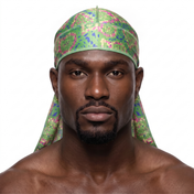 Digital Chameleon Lime pixel camo Satin Silky Durag worn by male model, front view on white background