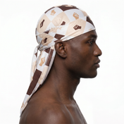 Black Power 4 graphic Satin Silky Durag worn by male model, side profile showing fit and tail drape