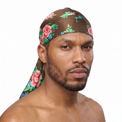 Brown Pink Retro Roses floral Satin Silky Durag worn by male model, front view on white background