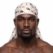 Black Power 2 graphic Satin Silky Durag worn by male model, front view on white background