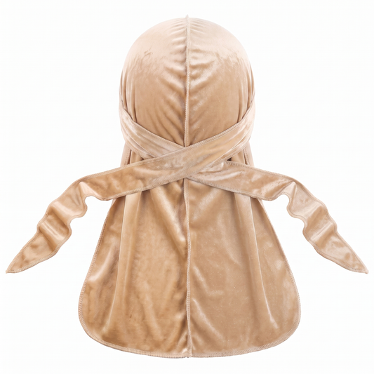 Premium Brown Vanilla Velvet Durag - premium velvet durag back view showing wrap straps, tail and stitching