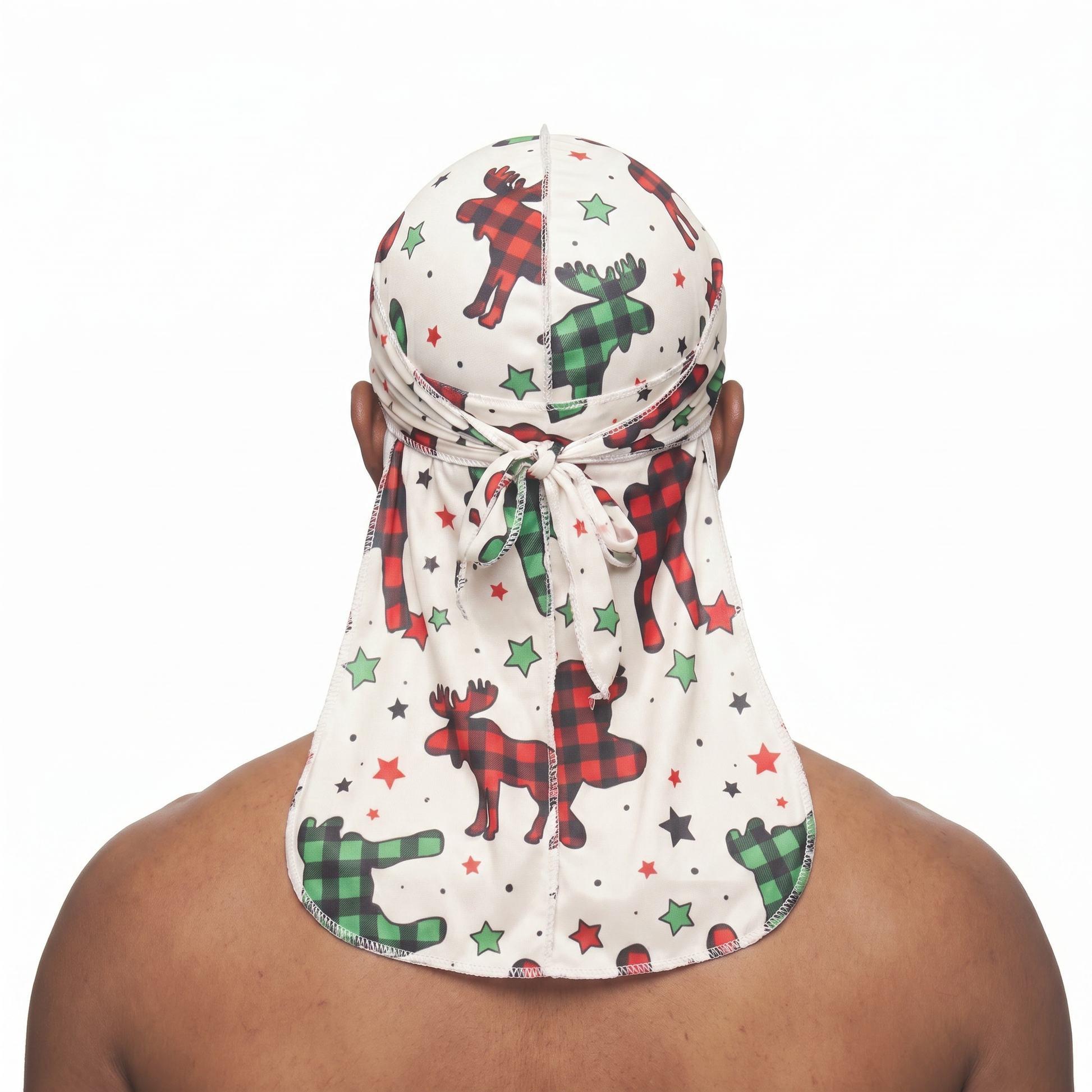Christmas Time Cream holiday Satin Silky Durag worn by male model, back view showing tied wrap and tail