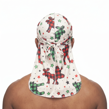 Christmas Time Cream holiday Satin Silky Durag worn by male model, back view showing tied wrap and tail