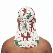 Christmas Time Cream holiday Satin Silky Durag worn by male model, back view showing tied wrap and tail