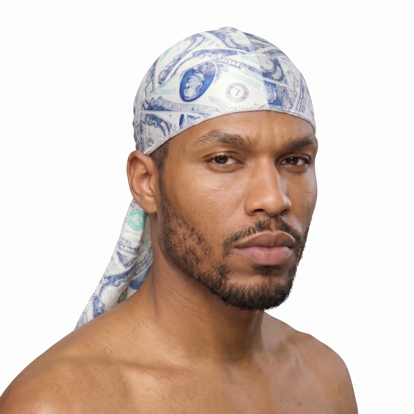Old Hundreds money print Satin Silky Durag worn by male model, front view on white background