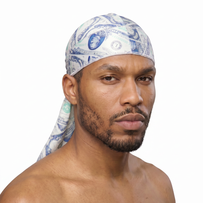 Old Hundreds money print Satin Silky Durag worn by male model, front view on white background