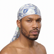 Old Hundreds money print Satin Silky Durag worn by male model, front view on white background
