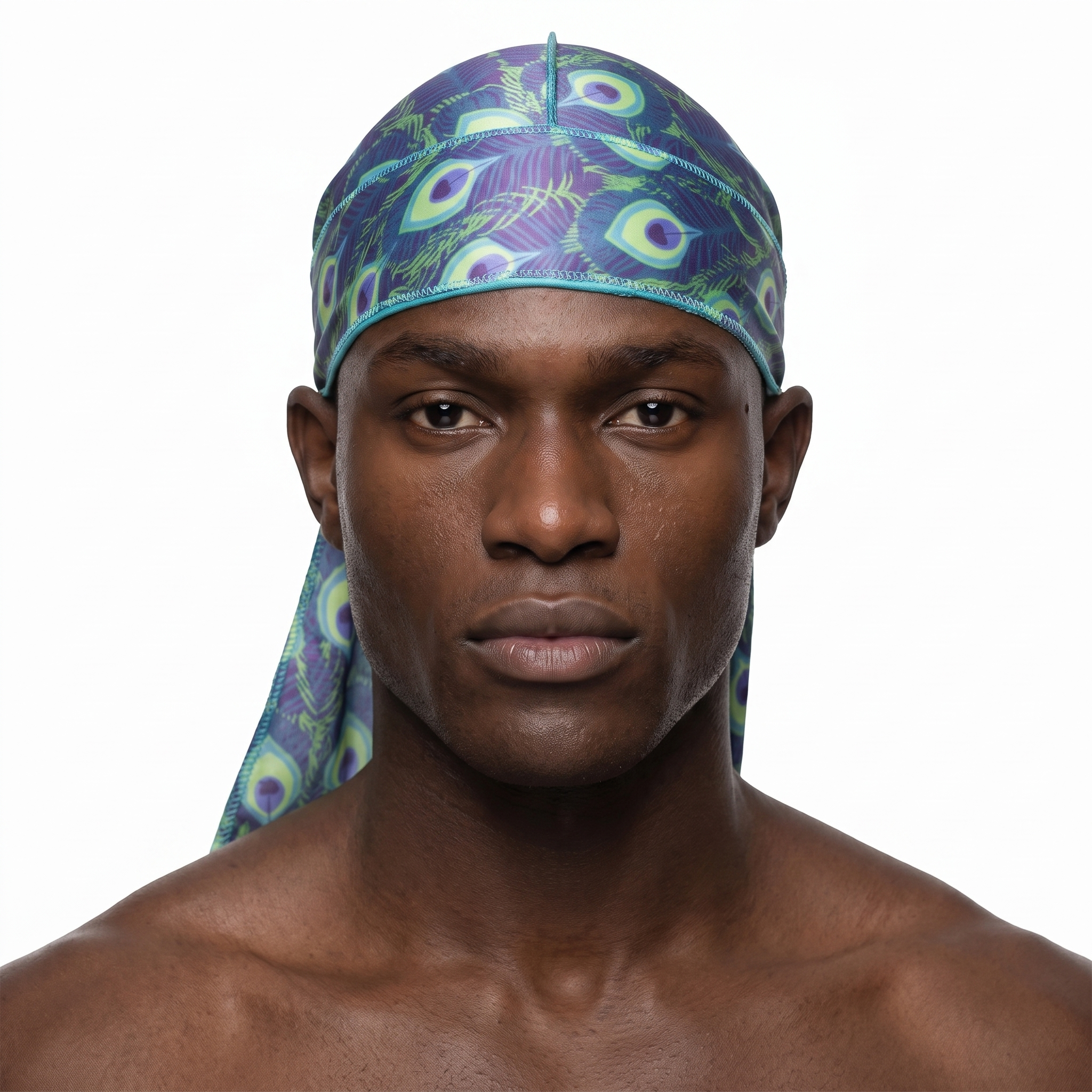 Peacock Shade feather Satin Silky Durag worn by male model, front view on white background