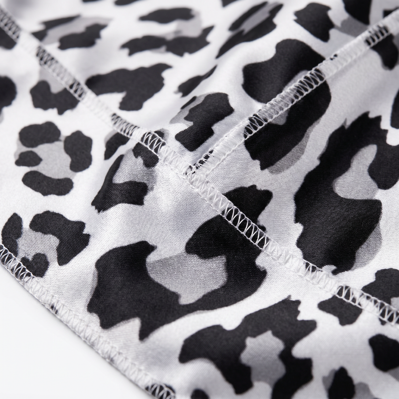 Snow Leopard spotted animal print Satin Silky Durag fabric close-up showing Snow Leopard spotted animal print print and stitching detail