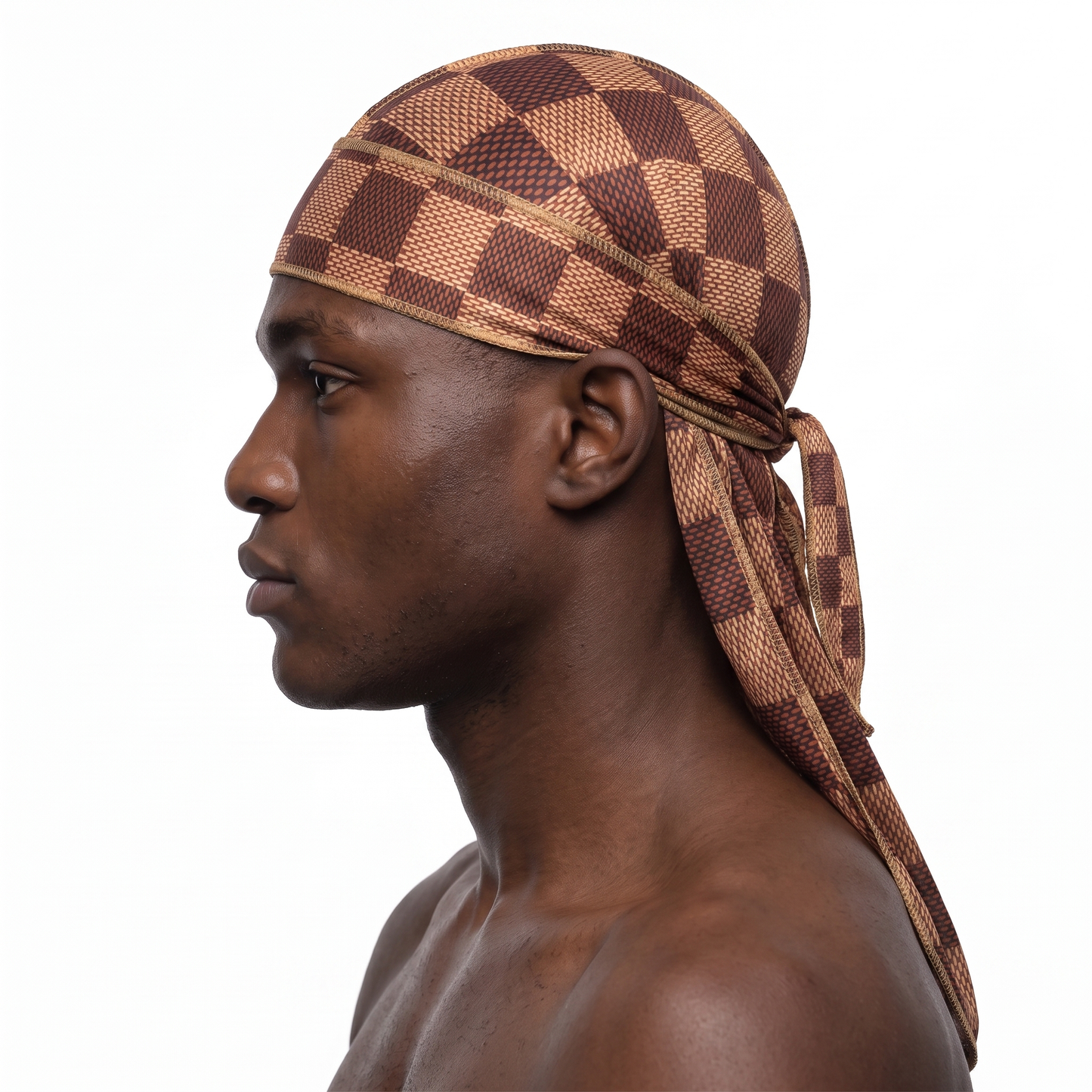 Checkered Brown Satin Silky Durag worn by male model, side profile showing fit and tail drape