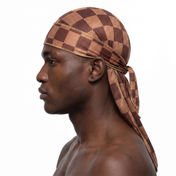 Checkered Brown Satin Silky Durag worn by male model, side profile showing fit and tail drape