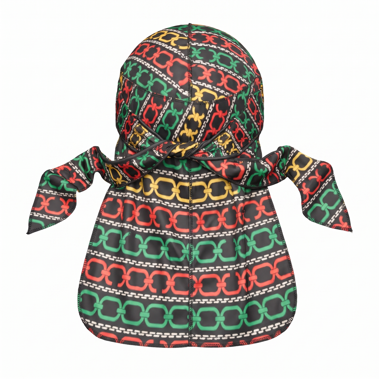 Juneteenth 1.0 red black and green Satin Silky Durag - premium silky durag back view showing wrap straps, tail and stitching