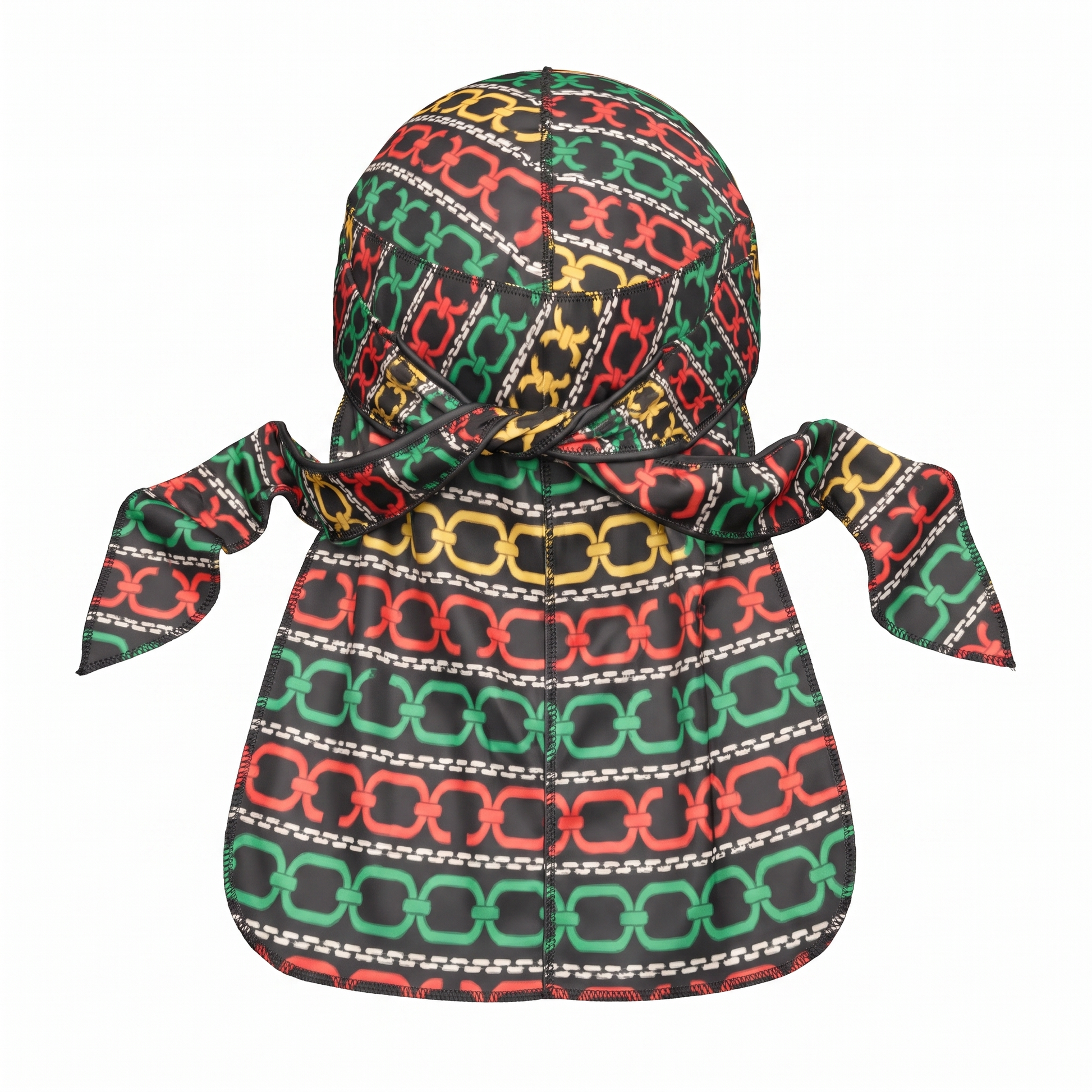 Juneteenth 1.0 red black and green Satin Silky Durag - premium silky durag back view showing wrap straps, tail and stitching