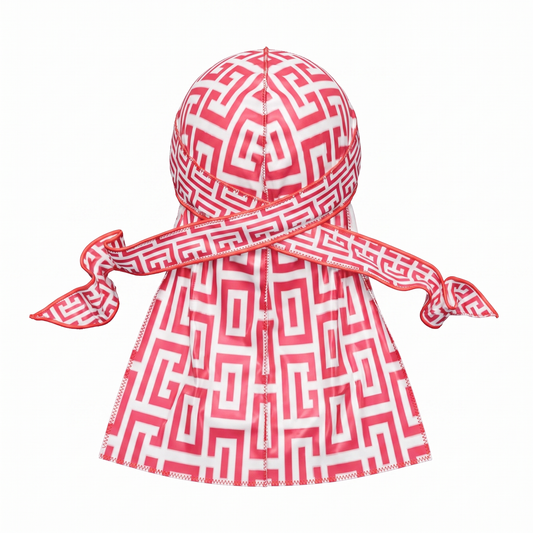 Red and Brown Maze geometric Satin Silky Durag - premium silky durag back view showing wrap straps, tail and stitching
