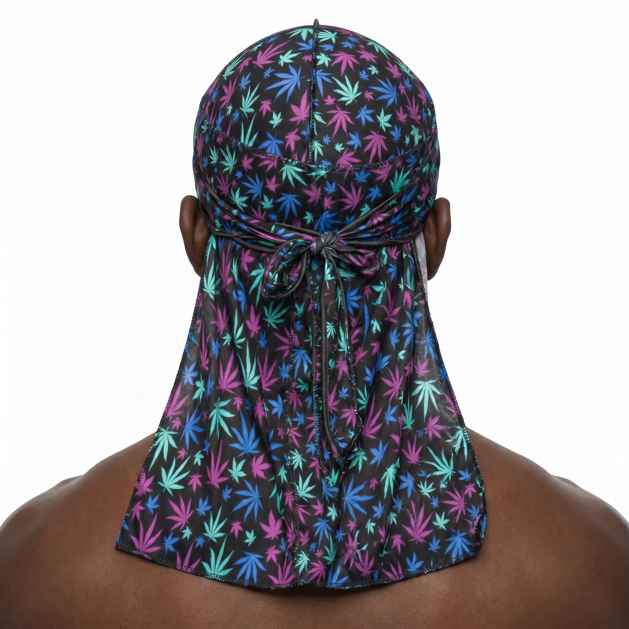 Cannabis Purple and Blue leaf print Satin Silky Durag worn by male model, back view showing tied wrap and tail