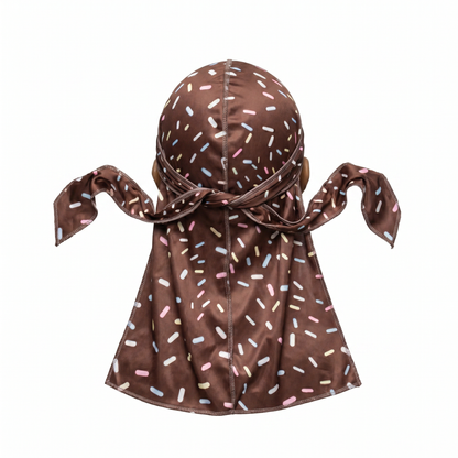 Dark brown ice cream sprinkle Satin Silky Durag - premium silky durag back view showing wrap straps, tail and stitching