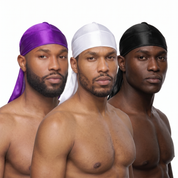 Premium Silk Durag Bundle Purple - three models wearing Purple, White and Black heavy silky durags