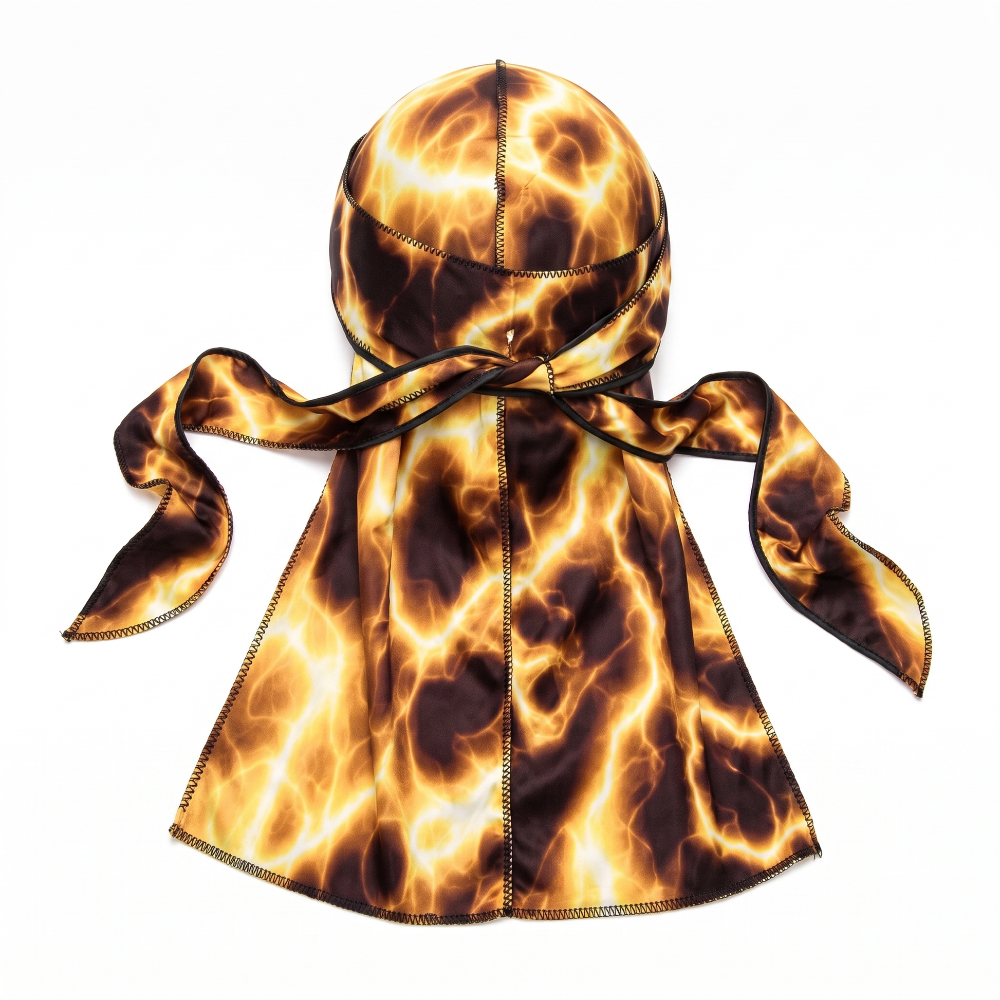 Voltage Yellow lightning Satin Silky Durag - premium silky durag back view showing wrap straps, tail and stitching