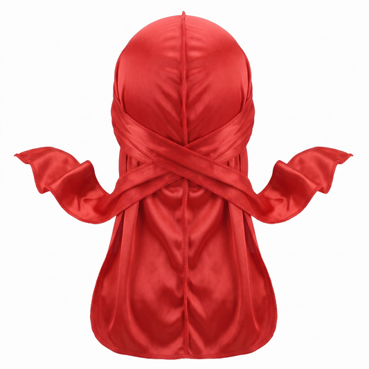 Premium Toronto Red Silk Durag - premium heavy silky durag back view showing wrap straps, tail and stitching